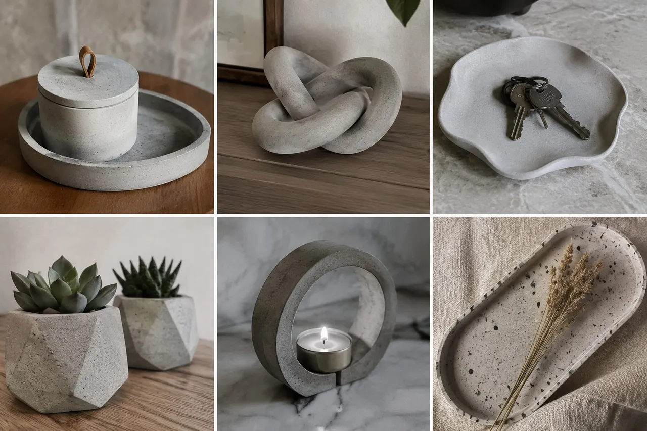 Colección de piezas decorativas de concreto terminadas