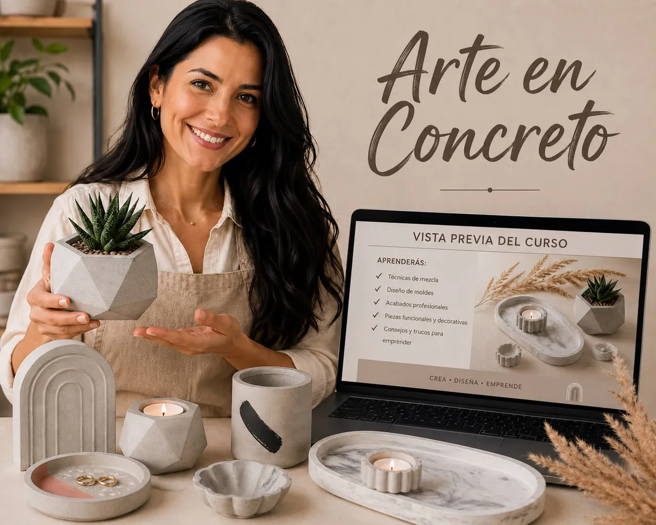 Mujer sonriente sosteniendo una maceta de concreto hecha a mano