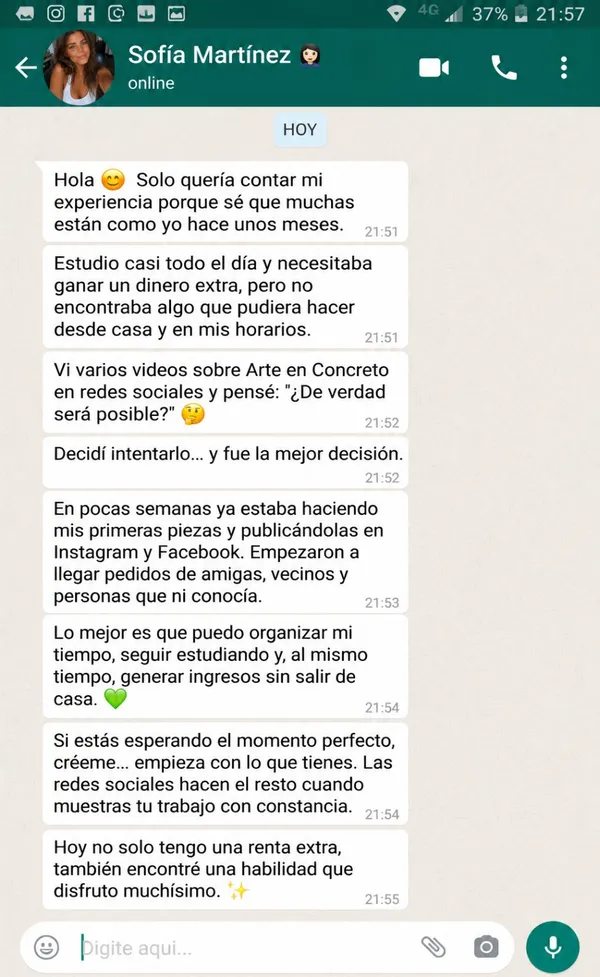 Conversación de WhatsApp de Sofía compartiendo su experiencia