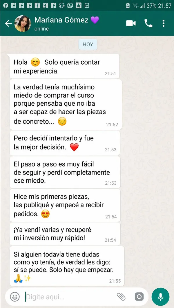Conversación de WhatsApp de Mariana compartiendo su experiencia