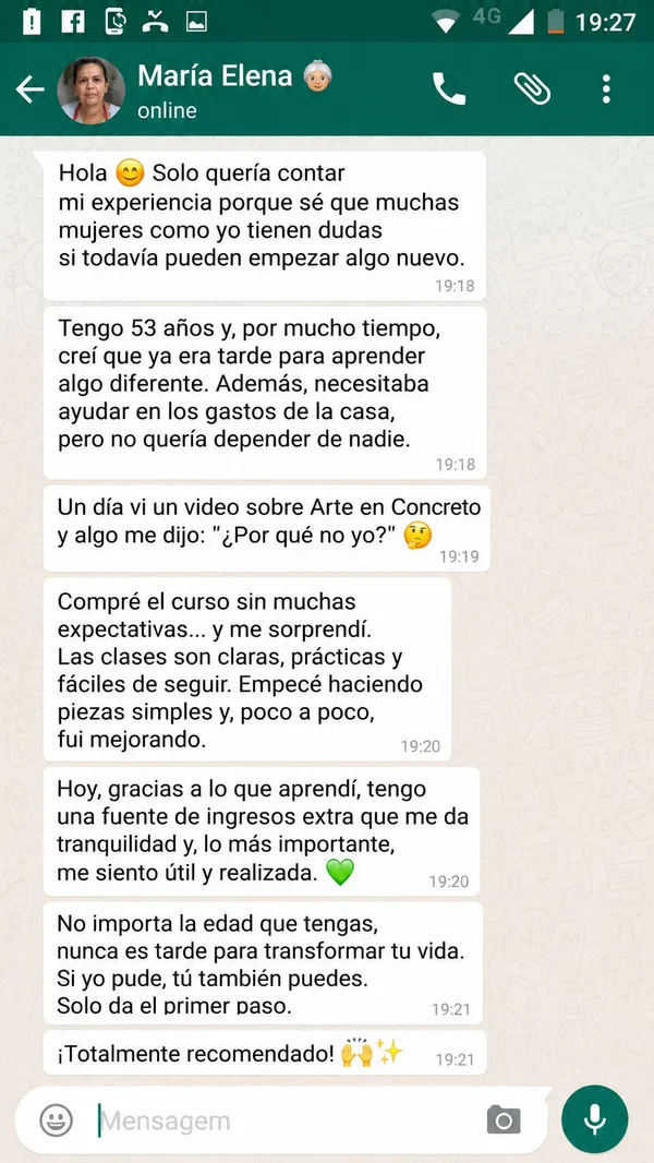 Conversación de WhatsApp de María Elena compartiendo su experiencia